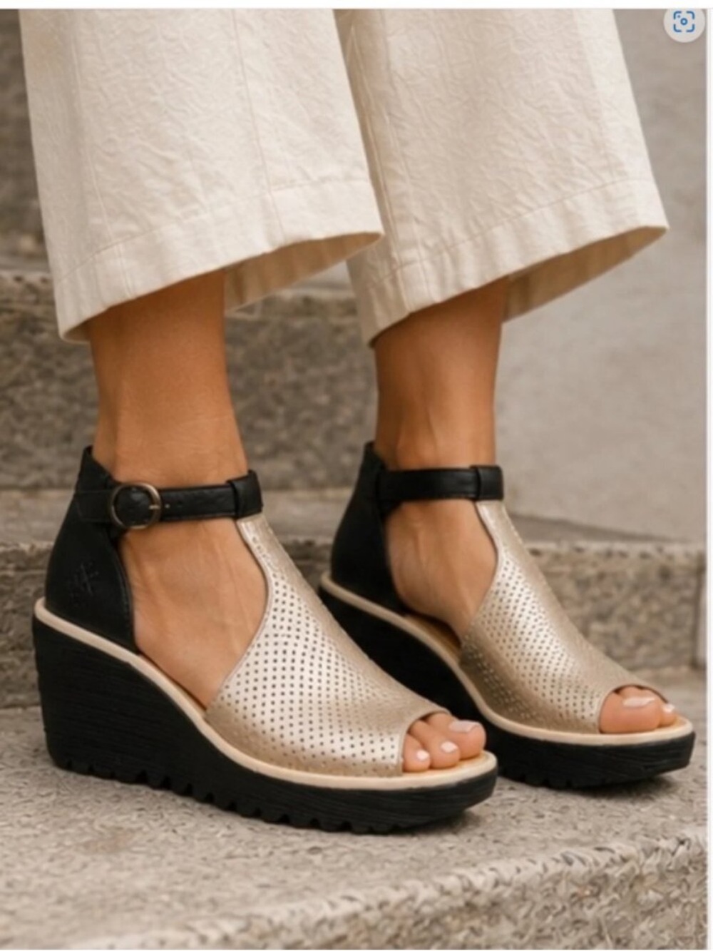 Fly London Metallic Gold $240 Perforated Wedge Sandals with Black Ankle Strap